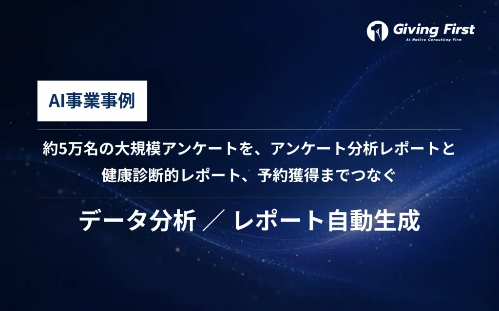 約5万名の大規模アンケートデータを、アンケート分析レポートと一人ひとりの健康診断的レポート、予約獲得までつなぐ仕組みに